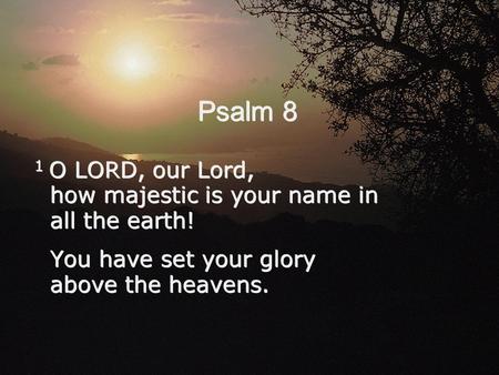 Psalm 8 1 O LORD, our Lord, how majestic is your name in all the earth! You have set your glory above the heavens. 1 O LORD, our Lord, how majestic is.