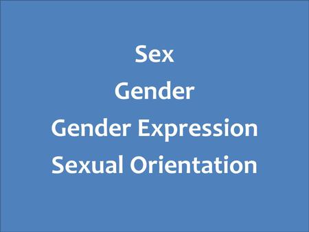 Sex Gender Gender Expression Sexual Orientation. Gender Identity Biological Sex Gender Expression Sexual Orientation.