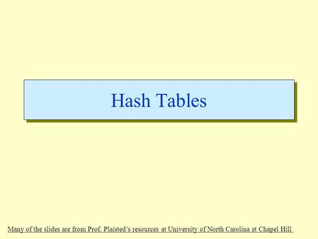 Hash Tables Many of the slides are from Prof. Plaisteds resources at University of North Carolina at Chapel Hill.