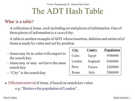 The ADT Hash Table What is a table?