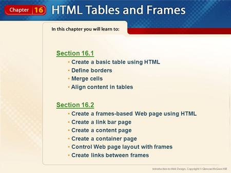 Section 16.1 Create a basic table using HTML Define borders Merge cells Align content in tables Section 16.2 Create a frames-based Web page using HTML.