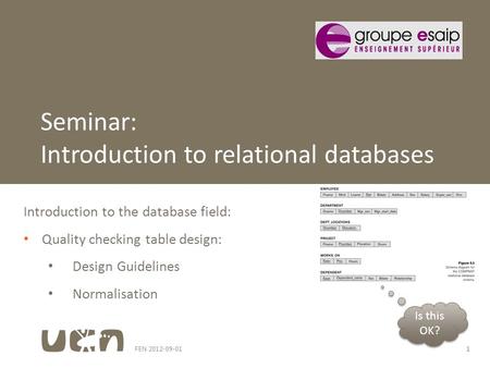 FEN 2012-09-011 Introduction to the database field: Quality checking table design: Design Guidelines Normalisation Seminar: Introduction to relational.