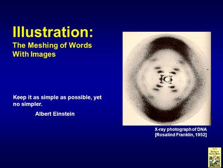 Keep it as simple as possible, yet no simpler. Albert Einstein Illustration: The Meshing of Words With Images X-ray photograph of DNA [Rosalind Franklin,