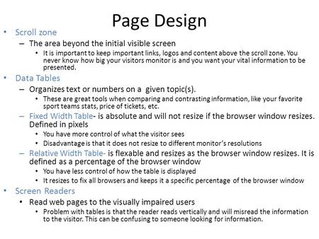 Page Design Scroll zone Data Tables Screen Readers