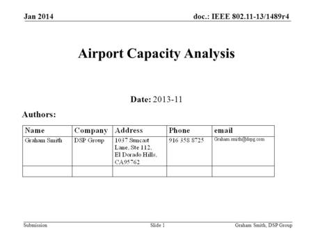 Doc.: IEEE 802.11-13/1489r4 Submission Jan 2014 Airport Capacity Analysis Date: 2013-11 Authors: Graham Smith, DSP GroupSlide 1.
