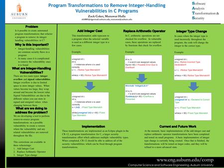 Program Transformations to Remove Integer-Handling Vulnerabilities in C Programs Zack Coker, Munawar Hafiz