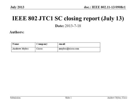 Doc.: IEEE 802.11-13/0908r1 Submission July 2013 Andrew Myles, CiscoSlide 1 IEEE 802 JTC1 SC closing report (July 13) Date: 2013-7-18 Authors: