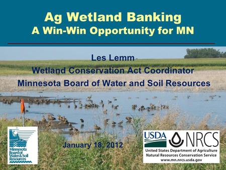Ag Wetland Banking A Win-Win Opportunity for MN Les Lemm Wetland Conservation Act Coordinator Minnesota Board of Water and Soil Resources January 18, 2012.