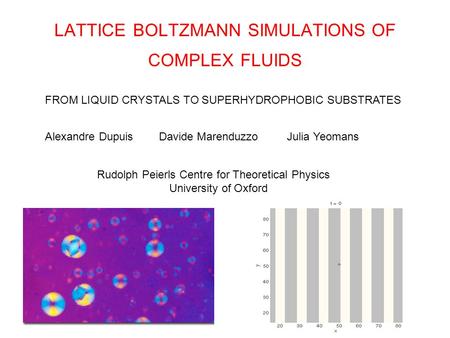LATTICE BOLTZMANN SIMULATIONS OF COMPLEX FLUIDS Alexandre Dupuis Davide Marenduzzo Julia Yeomans FROM LIQUID CRYSTALS TO SUPERHYDROPHOBIC SUBSTRATES Rudolph.