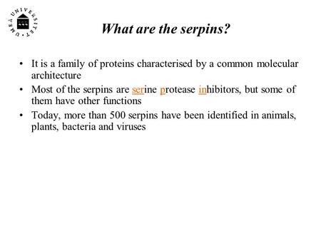 What are the serpins? It is a family of proteins characterised by a common molecular architecture Most of the serpins are serine protease inhibitors, but.