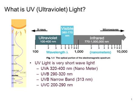 1 What is UV (Ultraviolet) Light? UV Light is very short wave light! –U–UVA 320-400 nm (Nano Meter) –U–UVB 290-320 nm –U–UVB Narrow Band (313 nm) –U–UVC.