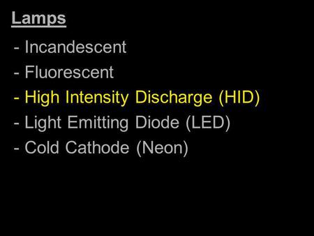 Lamps - Incandescent - Fluorescent - High Intensity Discharge (HID)