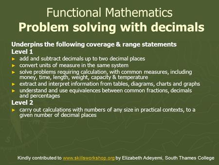 Functional Mathematics Problem solving with decimals