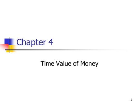 1 Chapter 4 Time Value of Money. 2 Time Value Topics Future value Present value Rates of return Amortization.