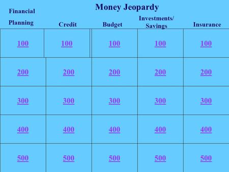 100 200 300 400 500 100 200 300 400 500 100 Investments/ Savings Budget Financial Planning Credit Money Jeopardy Insurance.