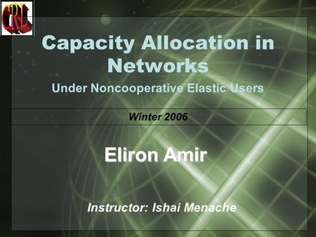 Capacity Allocation in Networks Under Noncooperative Elastic Users Instructor: Ishai Menache Eliron Amir Winter 2006.