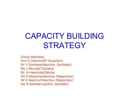 CAPACITY BUILDING STRATEGY Group Members: Hon.O.Dlamini/MP Swaziland Mr V.Gondeea/Mauritius (facilitator). Ms J.Mkunda/Tanzania Mr. H.Haantuba/Zambia Ms.
