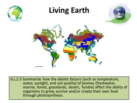 Living Earth 6.L.2.3 Summarize how the abiotic factors (such as temperature, water, sunlight, and soil quality) of biomes (freshwater,