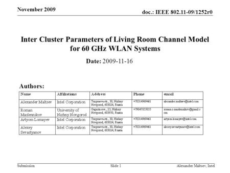 Doc.: IEEE 802.11-09/1252r0 Submission November 2009 Inter Cluster Parameters of Living Room Channel Model for 60 GHz WLAN Systems Date: 2009-11-16 Authors: