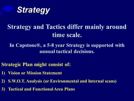 Strategy Strategic Plan might consist of: 1)Vision or Mission Statement 2)S.W.O.T. Analysis (or Environmental and Internal scans) 3)Tactical and Functional.