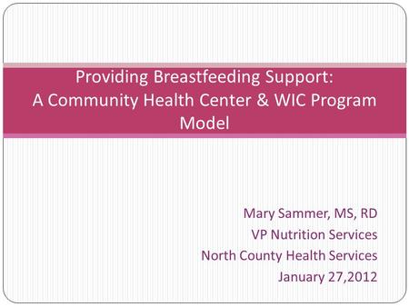 Mary Sammer, MS, RD VP Nutrition Services North County Health Services January 27,2012 Providing Breastfeeding Support: A Community Health Center & WIC.