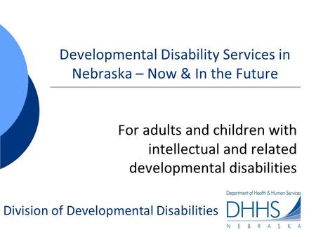 Division of Developmental Disabilities Developmental Disability Services in Nebraska – Now & In the Future For adults and children with intellectual and.