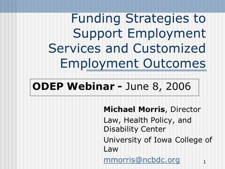 1 Funding Strategies to Support Employment Services and Customized Employment Outcomes Michael Morris, Director Law, Health Policy, and Disability Center.