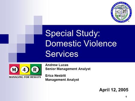 1 Special Study: Domestic Violence Services Andrew Lucas Senior Management Analyst Erica Nesbitt Management Analyst April 12, 2005.
