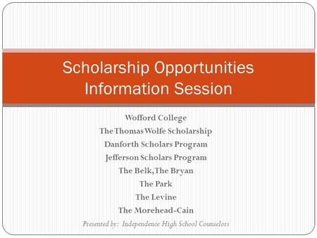 Wofford College The Thomas Wolfe Scholarship Danforth Scholars Program Jefferson Scholars Program The Belk, The Bryan The Park The Levine The Morehead-Cain.