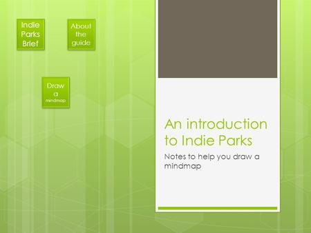 An introduction to Indie Parks Notes to help you draw a mindmap Indie Parks Brief Indie Parks Brief About the guide About the guide Draw a mindmap Draw.