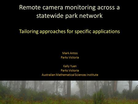 Remote camera monitoring across a statewide park network Tailoring approaches for specific applications Mark Antos Parks Victoria Kally Yuen Parks Victoria.
