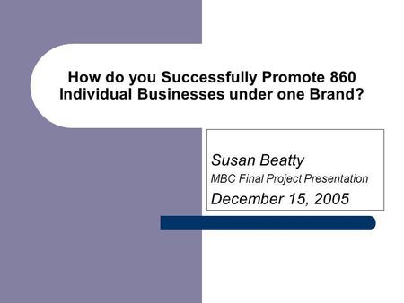 How do you Successfully Promote 860 Individual Businesses under one Brand? Susan Beatty MBC Final Project Presentation December 15, 2005.