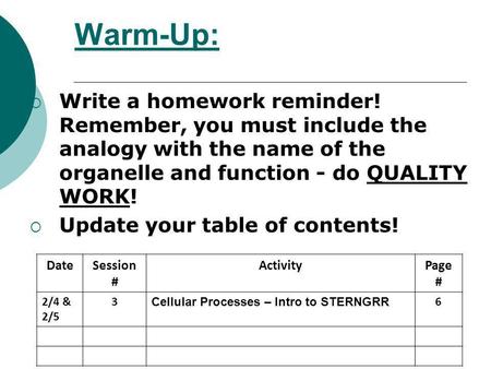 Warm-Up: Write a homework reminder! Remember, you must include the analogy with the name of the organelle and function - do QUALITY WORK! Update your table.