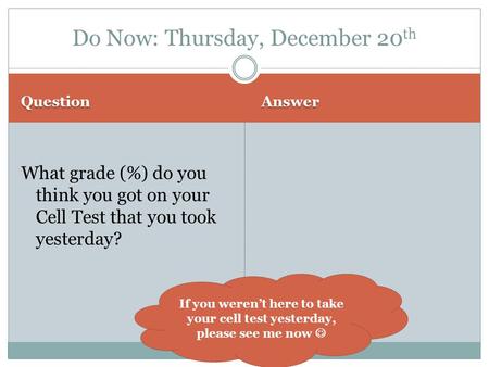 Question Answer What grade (%) do you think you got on your Cell Test that you took yesterday? Do Now: Thursday, December 20 th If you werent here to take.