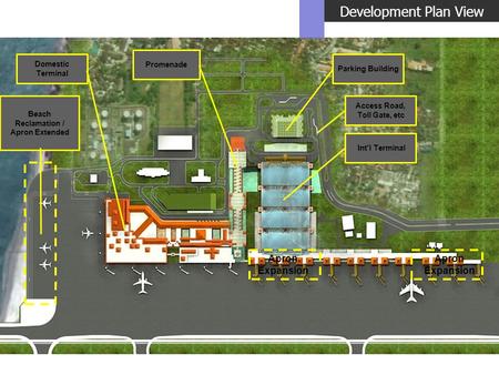 Development Plan View Parking Building Intl Terminal Promenade Domestic Terminal Beach Reclamation / Apron Extended Apron Expansion Access Road, Toll Gate,
