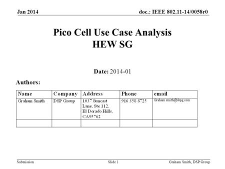 Doc.: IEEE 802.11-14/0058r0 Submission Jan 2014 Pico Cell Use Case Analysis HEW SG Date: 2014-01 Authors: Graham Smith, DSP GroupSlide 1.