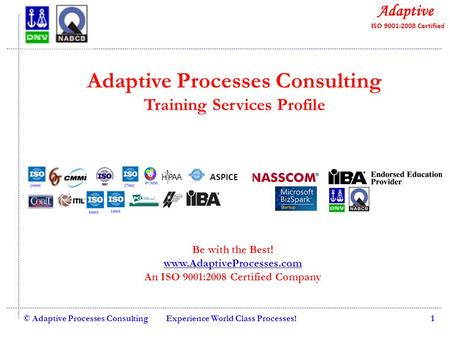 Quality Consulting © Adaptive Processes ConsultingExperience World Class Processes!1 Adaptive Processes Consulting Training Services Profile Be with the.