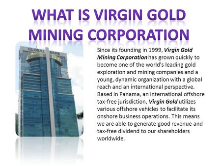 Since its founding in 1999, Virgin Gold Mining Corporation has grown quickly to become one of the world's leading gold exploration and mining companies.