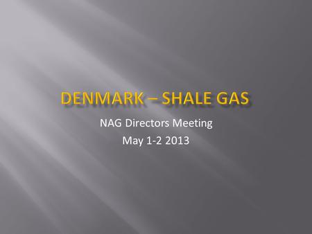 NAG Directors Meeting May 1-2 2013. Ressource estimates o IEA, USGS Geological potential for shale gas in Denmark o Alun shale studies Present exploration.