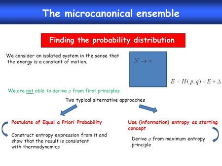 The microcanonical ensemble Finding the probability distribution We consider an isolated system in the sense that the energy is a constant of motion. We.
