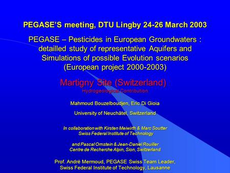 PEGASES meeting, DTU Lingby 24-26 March 2003 PEGASE – Pesticides in European Groundwaters : detailled study of representative Aquifers and Simulations.