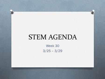 STEM AGENDA Week 30 3/25 – 3/29. Agenda 3/25 O Learning Target: Continue learning about general safety. O Agenda: O Review General Safety O Prepare to.