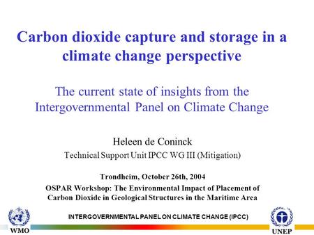 INTERGOVERNMENTAL PANEL ON CLIMATE CHANGE (IPCC) Carbon dioxide capture and storage in a climate change perspective The current state of insights from.