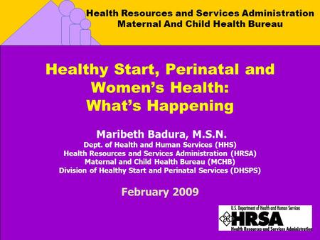 Health Resources and Services Administration Maternal And Child Health Bureau Healthy Start, Perinatal and Womens Health: Whats Happening Maribeth Badura,