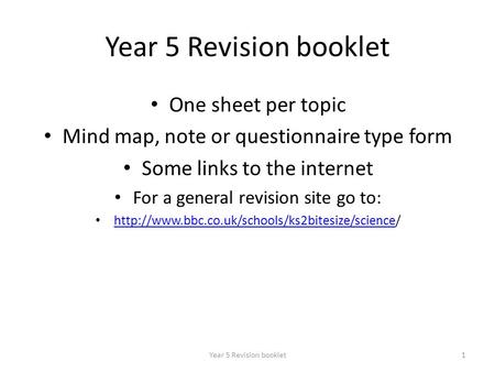 Year 5 Revision booklet One sheet per topic