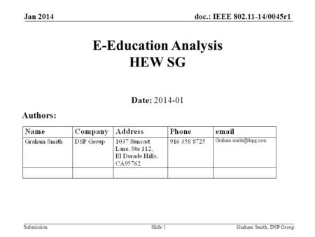 Doc.: IEEE 802.11-14/0045r1 Submission Jan 2014 E-Education Analysis HEW SG Date: 2014-01 Authors: Graham Smith, DSP GroupSlide 1.