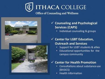 1 Counseling and Psychological Services (CAPS) Individual counseling & groups Center for LGBT Education, Outreach and Services Support for LGBT students.