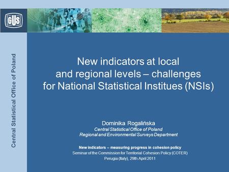 Central Statistical Office of Poland New indicators at local and regional levels – challenges for National Statistical Institues (NSIs) Dominika Rogalińska.