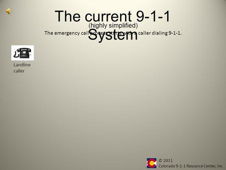 The current 9-1-1 System Landline caller The emergency call process starts with a caller dialing 9-1-1. (highly simplified) © 2011 Colorado 9-1-1 Resource.