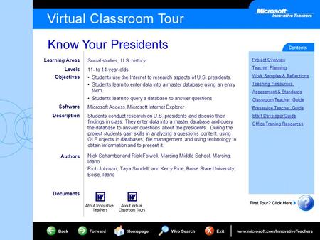 Know Your Presidents Project Overview Teacher Planning Work Samples & Reflections Teaching Resources Assessment & Standards Classroom Teacher Guide Preservice.